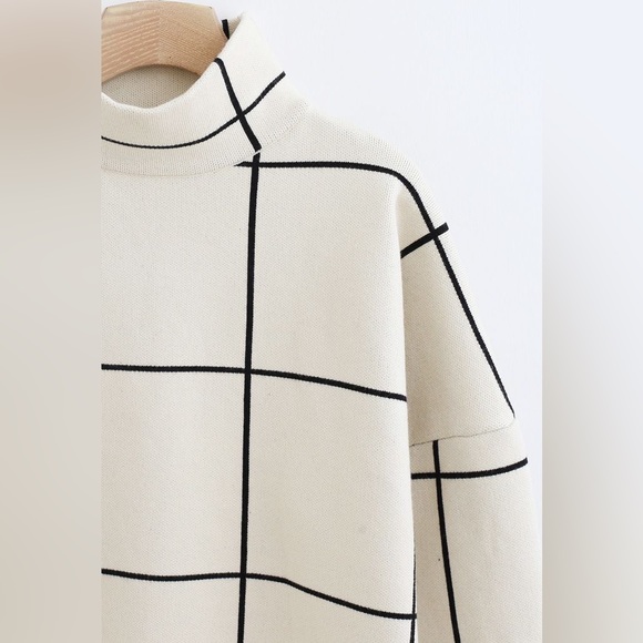 Chic Wish Drop Shoulder Wool Mock Neck Sweater Grid Turtleneck Windowpane - Picture 8 of 15